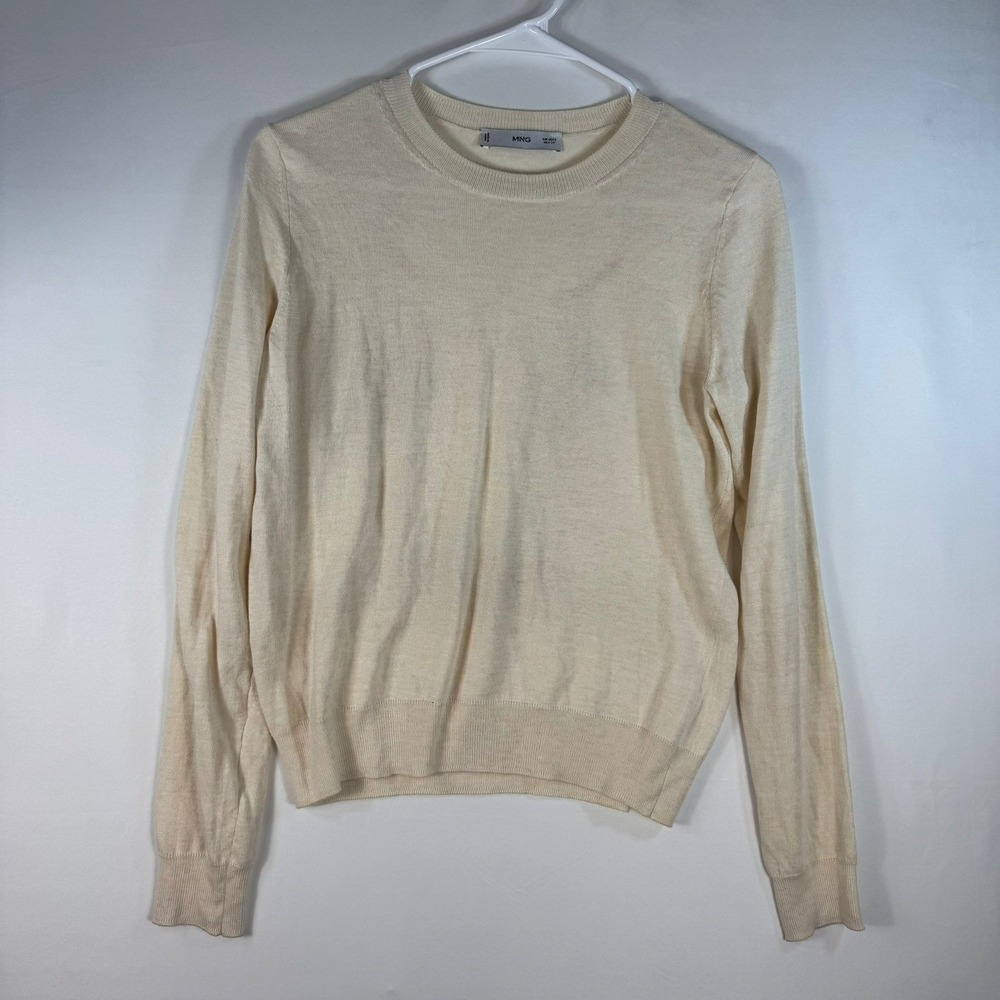 Mango MNG Womens Small Cream Ivory Fine Knit Crewneck Pullover Sweater